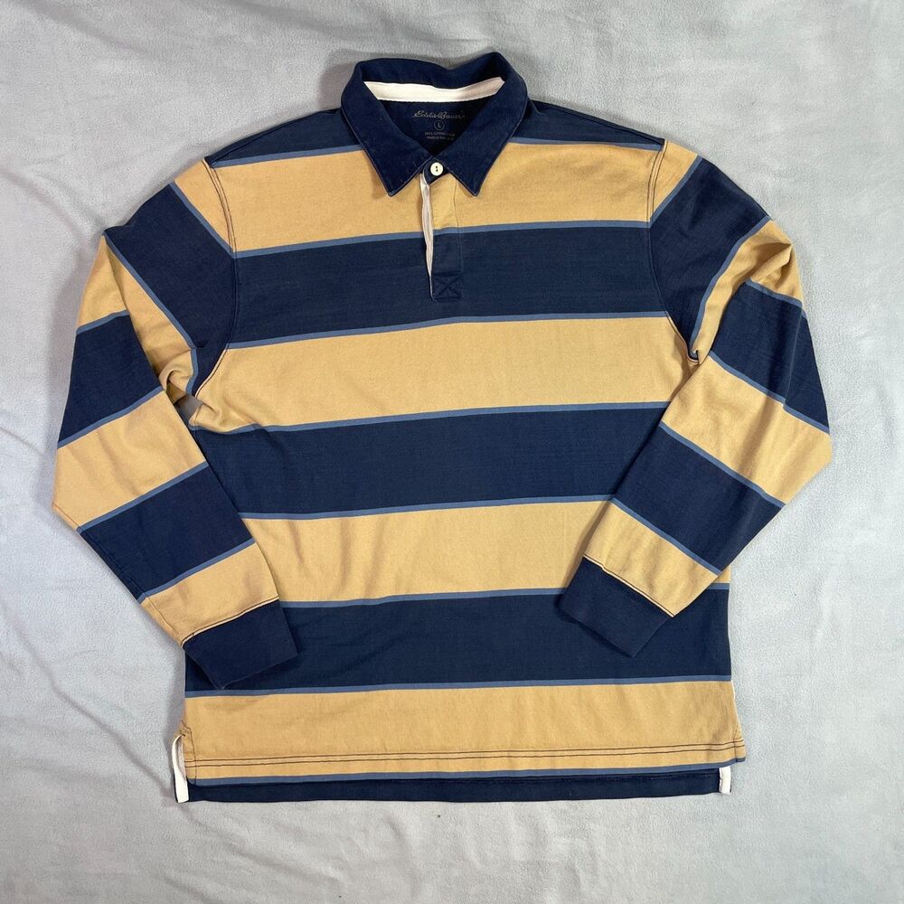 Eddie Bauer Rugby Shirt Mens Size Large Yellow Blue Striped Y2K Preppy Polo